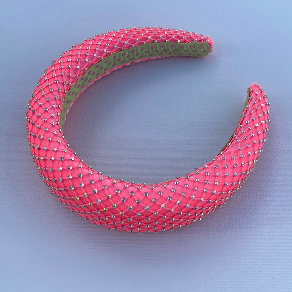 Hot Pink Padded 1.5” Headband with Rhinestone-Adorned Mesh Overlay Handmade New - Picture 6 of 10